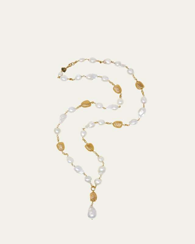 Yellow Gold and Freshwater Baroque Pearl Rosary Necklace